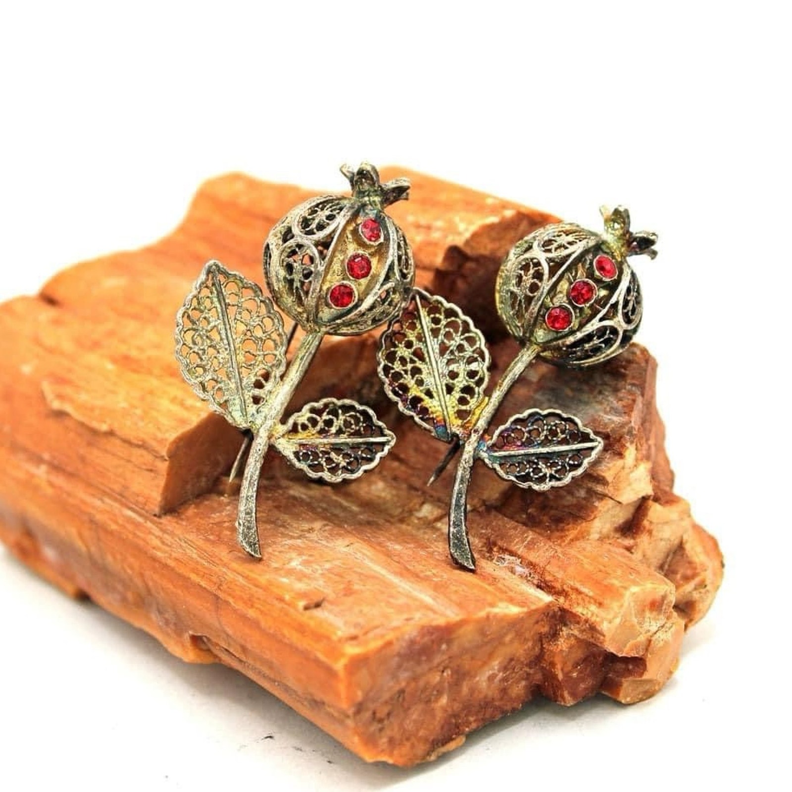 Two Filigree Silver-Plate Pomegranate Thistle With Red Rhinestone Brooches 28$